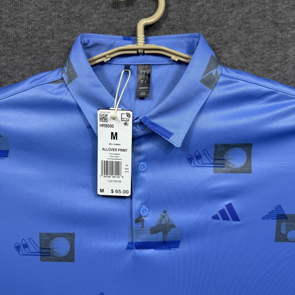 Adidas Golf Polo Shirt Mens Medium Blue Graphic Print Performance HR8000 NWT